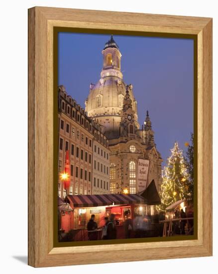 Christmas Market Stalls in Front of Frauen Church and Christmas Tree at Twilight, Dresden-Richard Nebesky-Framed Premier Image Canvas