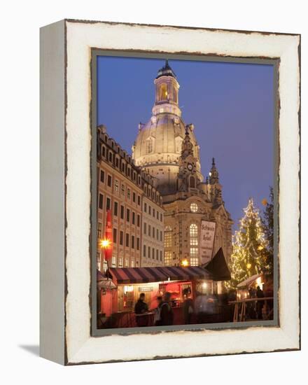 Christmas Market Stalls in Front of Frauen Church and Christmas Tree at Twilight, Dresden-Richard Nebesky-Framed Premier Image Canvas