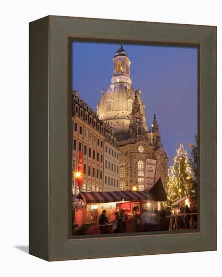 Christmas Market Stalls in Front of Frauen Church and Christmas Tree at Twilight, Dresden-Richard Nebesky-Framed Premier Image Canvas