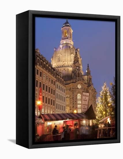 Christmas Market Stalls in Front of Frauen Church and Christmas Tree at Twilight, Dresden-Richard Nebesky-Framed Premier Image Canvas