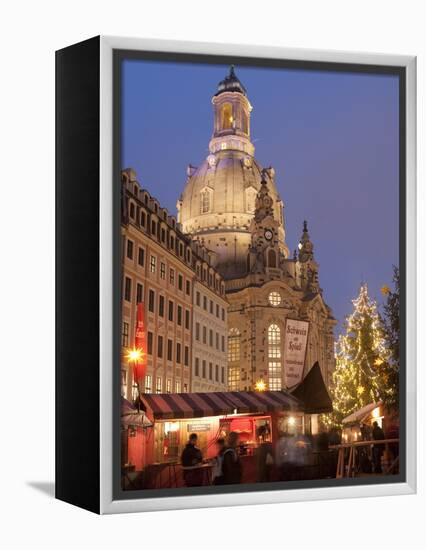 Christmas Market Stalls in Front of Frauen Church and Christmas Tree at Twilight, Dresden-Richard Nebesky-Framed Premier Image Canvas