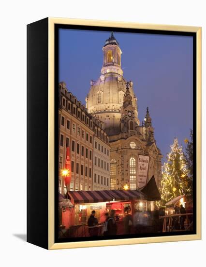 Christmas Market Stalls in Front of Frauen Church and Christmas Tree at Twilight, Dresden-Richard Nebesky-Framed Premier Image Canvas