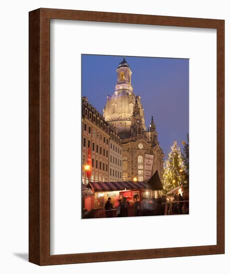 Christmas Market Stalls in Front of Frauen Church and Christmas Tree at Twilight, Dresden-Richard Nebesky-Framed Photographic Print