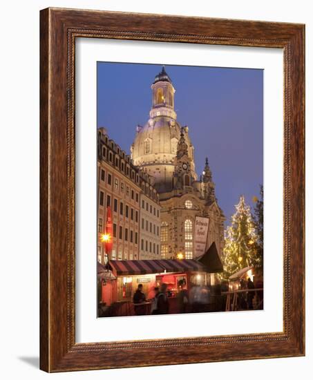 Christmas Market Stalls in Front of Frauen Church and Christmas Tree at Twilight, Dresden-Richard Nebesky-Framed Photographic Print