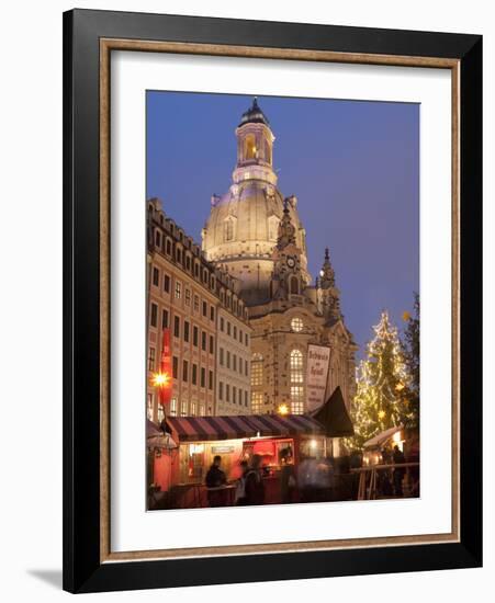 Christmas Market Stalls in Front of Frauen Church and Christmas Tree at Twilight, Dresden-Richard Nebesky-Framed Photographic Print