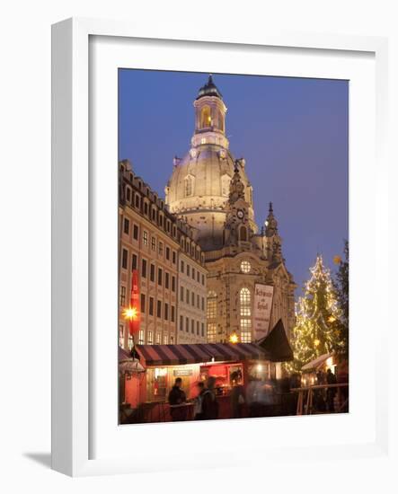 Christmas Market Stalls in Front of Frauen Church and Christmas Tree at Twilight, Dresden-Richard Nebesky-Framed Photographic Print