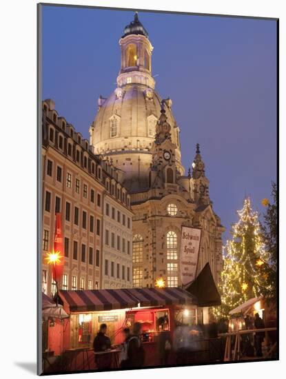 Christmas Market Stalls in Front of Frauen Church and Christmas Tree at Twilight, Dresden-Richard Nebesky-Mounted Photographic Print