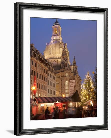 Christmas Market Stalls in Front of Frauen Church and Christmas Tree at Twilight, Dresden-Richard Nebesky-Framed Photographic Print