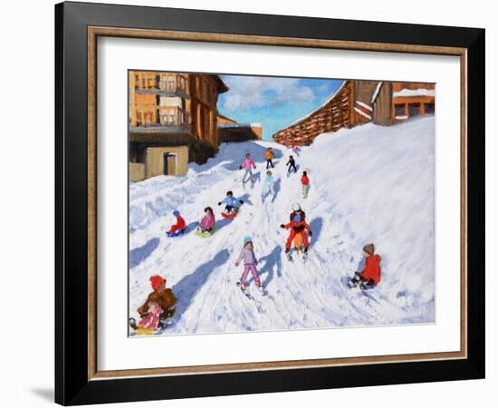 Christmas Sledging, Les Arcs-Andrew Macara-Framed Giclee Print