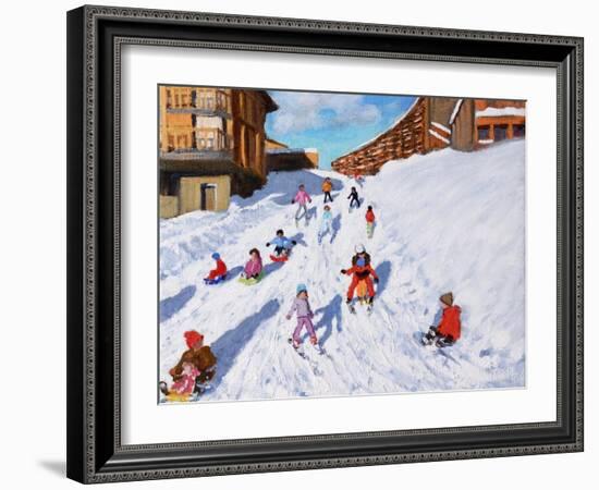 Christmas Sledging, Les Arcs-Andrew Macara-Framed Giclee Print