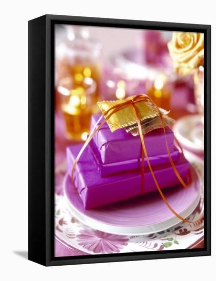 Christmas Table Setting in Violet and Gold-Alexander Van Berge-Framed Premier Image Canvas