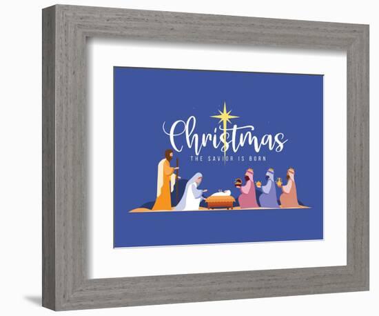 Christmas the Savior is Born Banner with Nativity of Jesus Scene and Three Wise Men on Dark Night W-ananaline-Framed Photographic Print