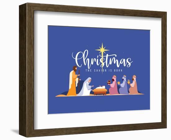 Christmas the Savior is Born Banner with Nativity of Jesus Scene and Three Wise Men on Dark Night W-ananaline-Framed Photographic Print