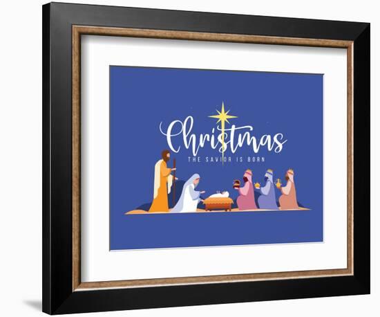 Christmas the Savior is Born Banner with Nativity of Jesus Scene and Three Wise Men on Dark Night W-ananaline-Framed Photographic Print