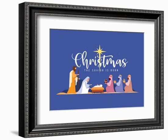 Christmas the Savior is Born Banner with Nativity of Jesus Scene and Three Wise Men on Dark Night W-ananaline-Framed Photographic Print