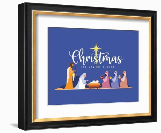 Christmas the Savior is Born Banner with Nativity of Jesus Scene and Three Wise Men on Dark Night W-ananaline-Framed Photographic Print