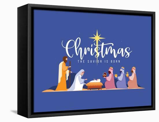 Christmas the Savior is Born Banner with Nativity of Jesus Scene and Three Wise Men on Dark Night W-ananaline-Framed Premier Image Canvas