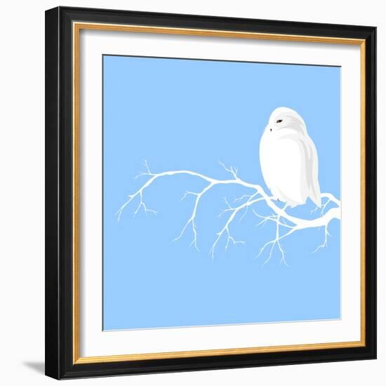 Christmas Theme Design with White Polar Owl Sitting on Branch - Winter Season Wildlife.-Cattallina-Framed Art Print