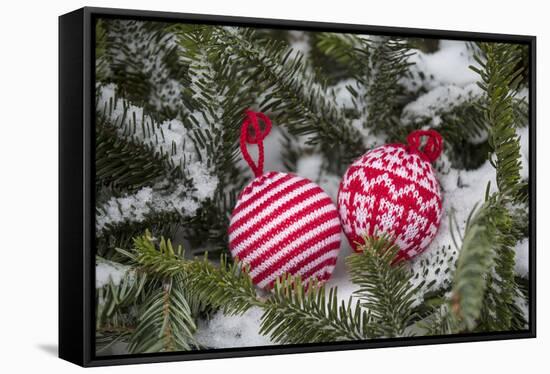 Christmas tree balls in the snow, decoration, still life-Andrea Haase-Framed Stretched Canvas