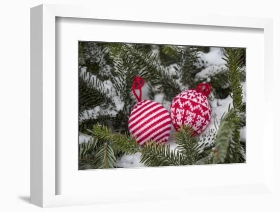 Christmas tree balls in the snow, decoration, still life-Andrea Haase-Framed Photographic Print