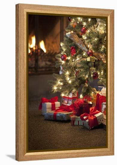 Christmas Tree by Fireplace-null-Framed Premier Image Canvas