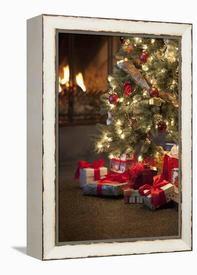 Christmas Tree by Fireplace-null-Framed Premier Image Canvas