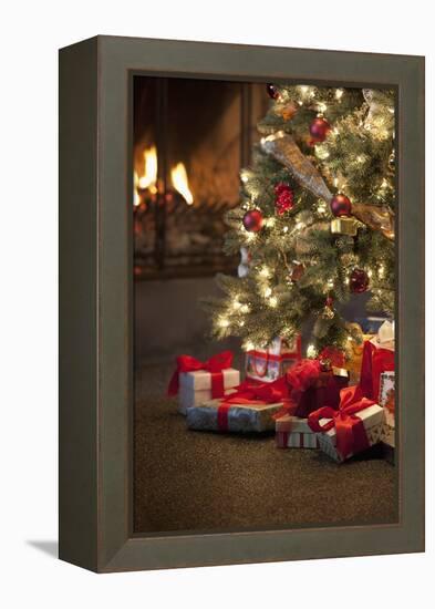 Christmas Tree by Fireplace-null-Framed Premier Image Canvas