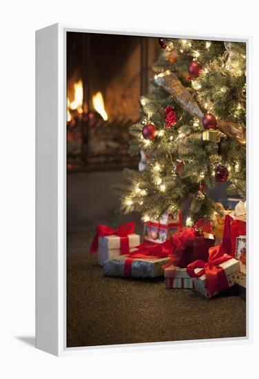 Christmas Tree by Fireplace-null-Framed Premier Image Canvas