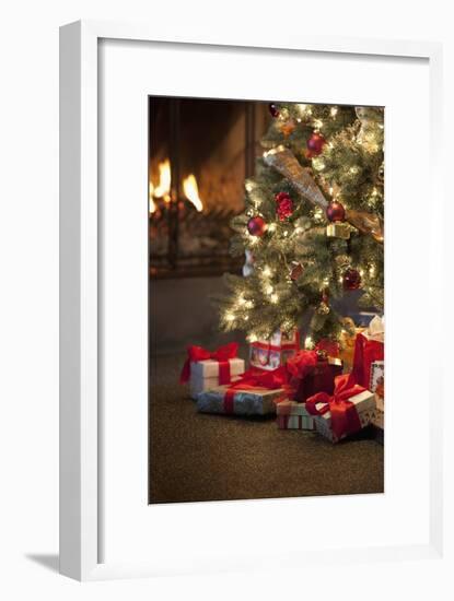 Christmas Tree by Fireplace-null-Framed Premium Photographic Print