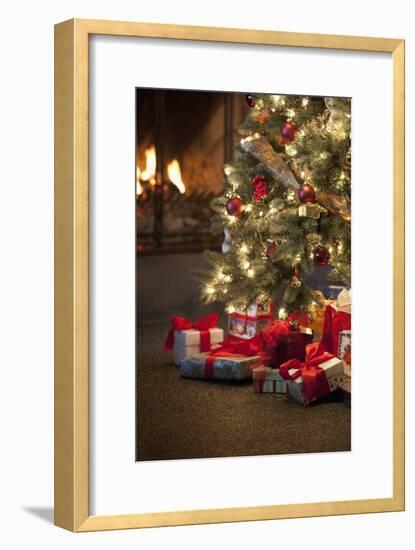 Christmas Tree by Fireplace-null-Framed Premium Photographic Print