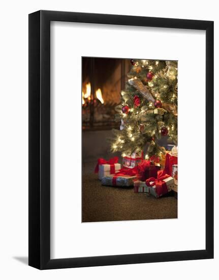 Christmas Tree by Fireplace-null-Framed Photographic Print