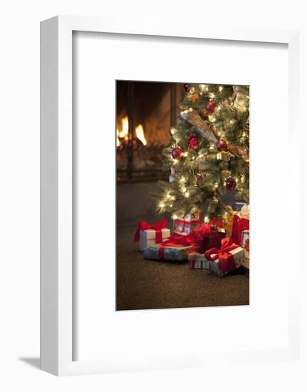 Christmas Tree by Fireplace-null-Framed Photographic Print