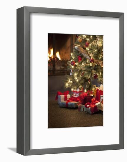 Christmas Tree by Fireplace-null-Framed Photographic Print