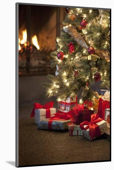 Christmas Tree by Fireplace-null-Mounted Photographic Print