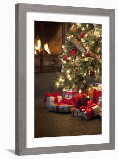 Christmas Tree by Fireplace-null-Framed Photographic Print