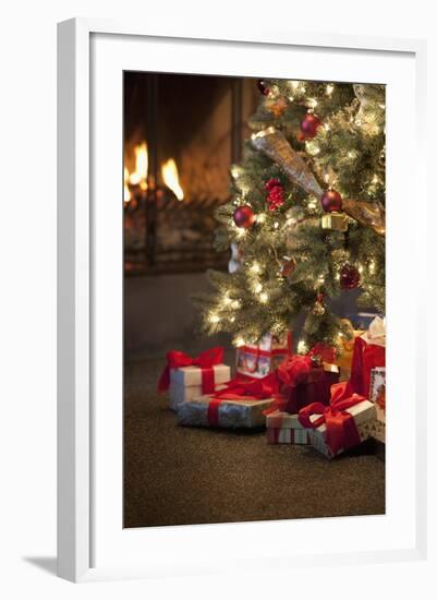 Christmas Tree by Fireplace--Framed Photographic Print