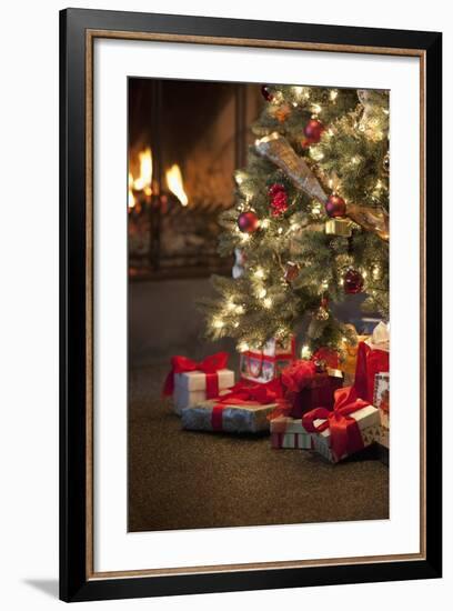 Christmas Tree by Fireplace-null-Framed Photographic Print