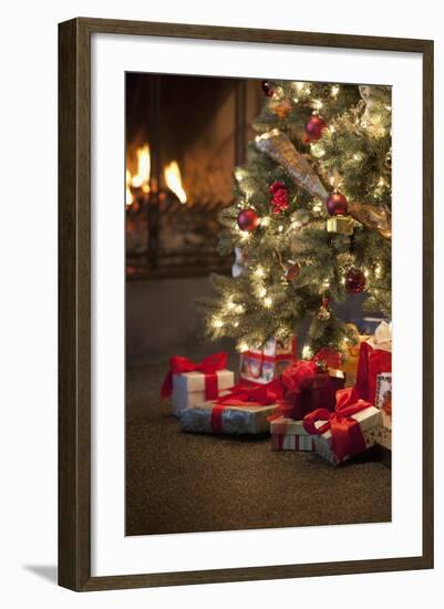 Christmas Tree by Fireplace-null-Framed Photographic Print