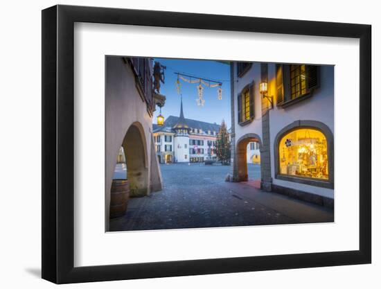 Christmas Tree in Rathausplatz, Thun, Jungfrau region, Bernese Oberland, Swiss Alps, Switzerland, E-Frank Fell-Framed Photographic Print