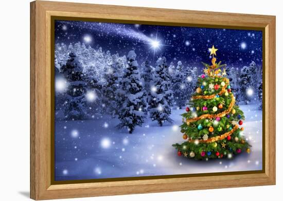 Christmas Tree in Snowy Night-Smileus-Framed Premier Image Canvas