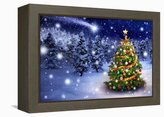 Christmas Tree in Snowy Night-Smileus-Framed Premier Image Canvas