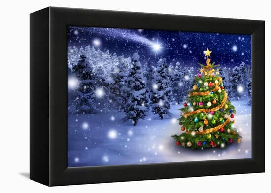 Christmas Tree in Snowy Night-Smileus-Framed Premier Image Canvas