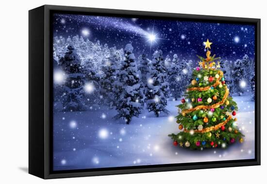 Christmas Tree in Snowy Night-Smileus-Framed Premier Image Canvas