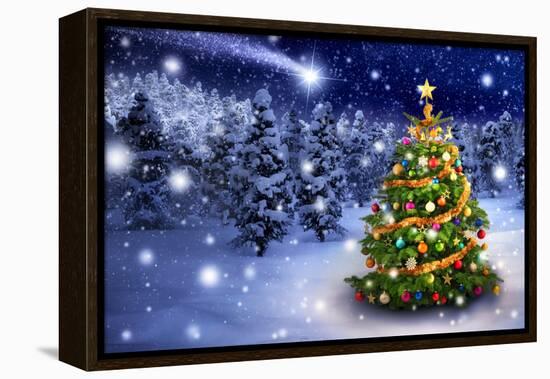 Christmas Tree in Snowy Night-Smileus-Framed Premier Image Canvas