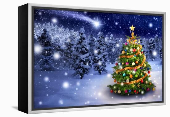 Christmas Tree in Snowy Night-Smileus-Framed Premier Image Canvas