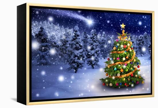 Christmas Tree in Snowy Night-Smileus-Framed Premier Image Canvas