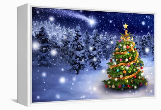 Christmas Tree in Snowy Night-Smileus-Framed Premier Image Canvas