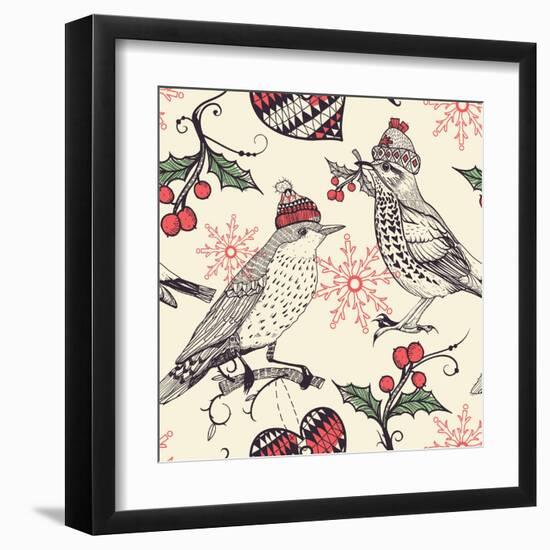 Christmas Vector Seamless Pattern with Fantasy Birds and Holly Berries-Anna Paff-Framed Art Print