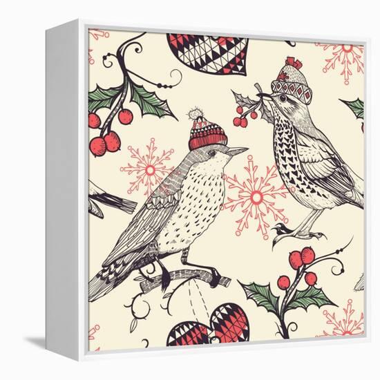 Christmas Vector Seamless Pattern with Fantasy Birds and Holly Berries-Anna Paff-Framed Stretched Canvas