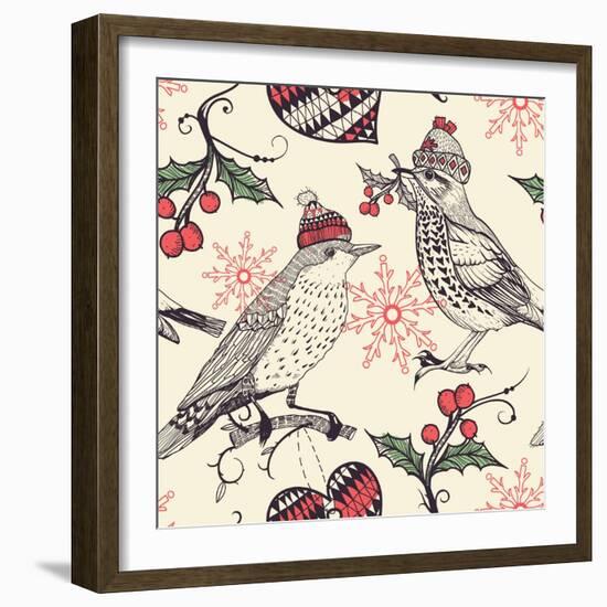 Christmas Vector Seamless Pattern with Fantasy Birds and Holly Berries-Anna Paff-Framed Art Print